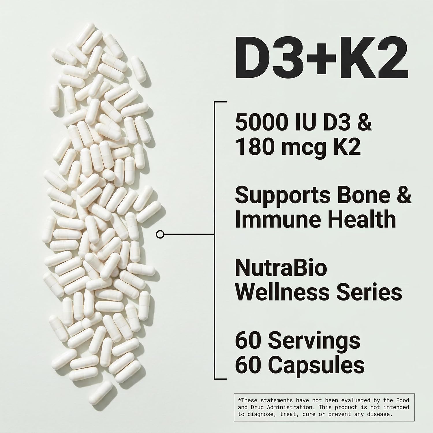 NutraBio Vitamin D3 & K2 - 5000 IU D3 + 180mcg Vitamin K2 (MK-7) - 60 Vegetable Capsules - görsel 6