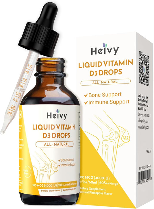 Heivy Liquid Vitamin D Drops 4000 IU (100 mcg) – Vegan Vitamin D3 with Natural Pineapple Flavour, 2 Fl Oz (60ml)
