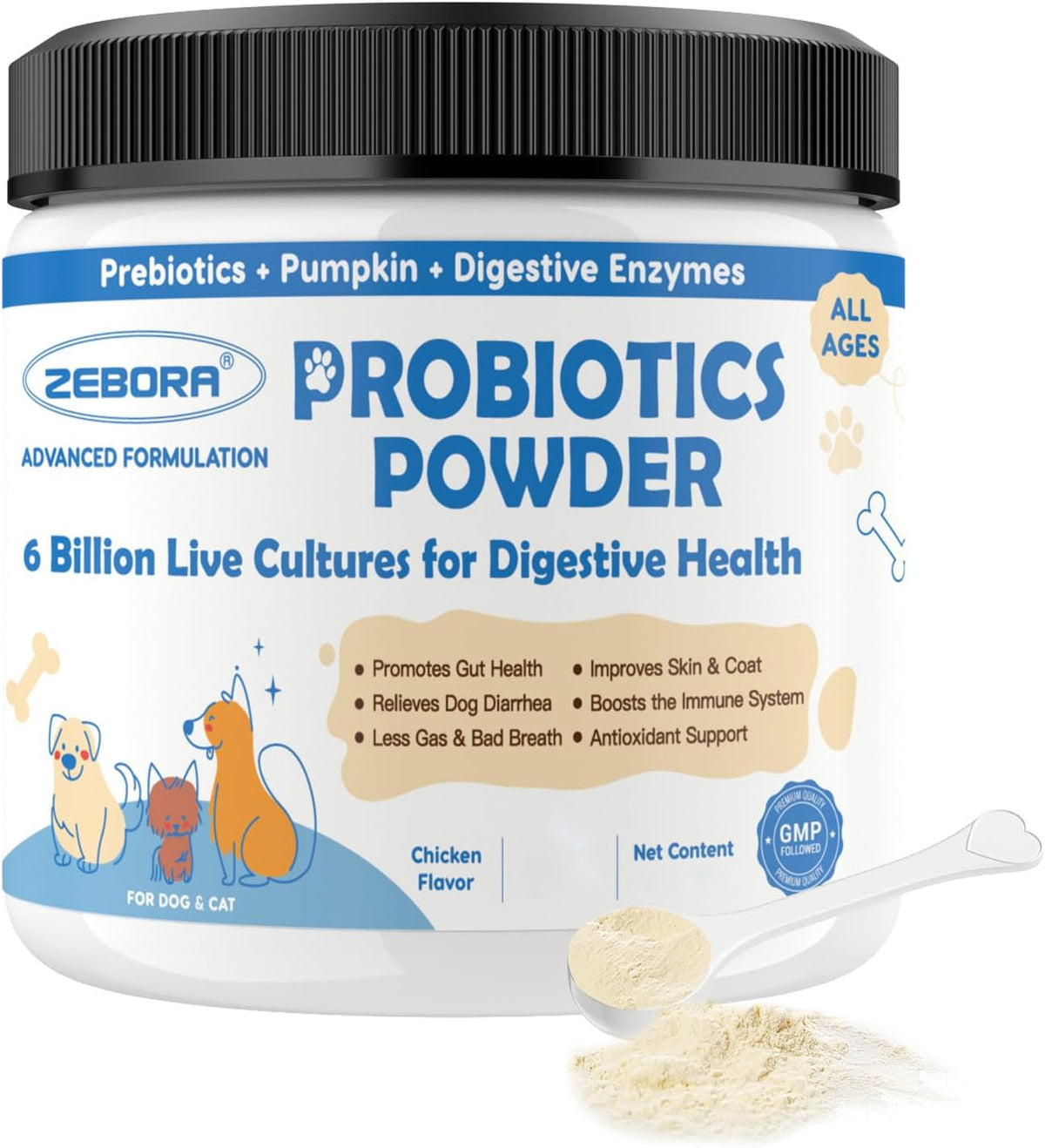 ZEBORA Probiotics for Dogs - Probiotic Powder with Pumpkin, Prebiotics & Enzymes, 6 Billion CFUs, Chicken Flavour (90 Scoops) - görsel 10