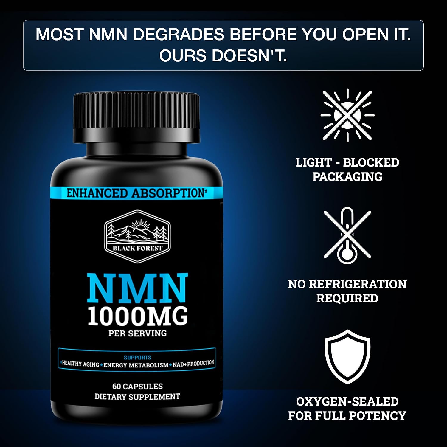 Black Forest NMN Supplement 1000mg (Nicotinamide Mononucleotide) 99% Pure, Stabilised Form, BioPerine® for Enhanced Bioavailability (60 Capsules) - görsel 8