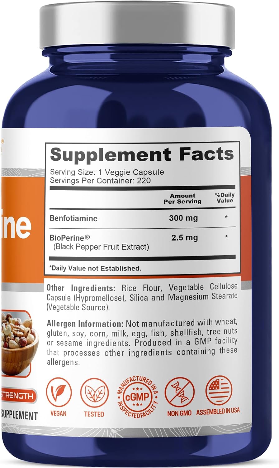 NusaPure Benfotiamine 300mg - Vitamin B1 Supplement with Bioperine, 220 Veggie Capsules - görsel 3