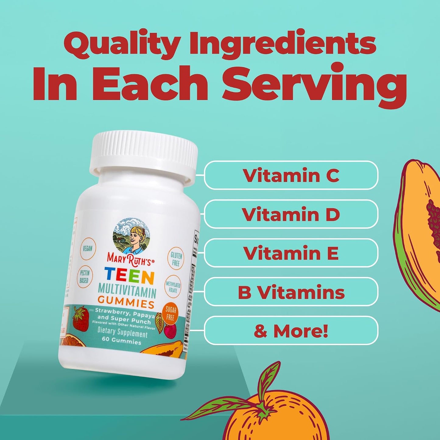 MaryRuth's Multivitamin Gummies for Teens | Vitamin D3, A, C, E, B6, B12, Zinc, Iodine, Biotin | Immunity, Bone, & Skin Health | Vegan, Sugar Free, Gluten-free | 60 Gummies - görsel 5