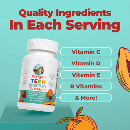 MaryRuth's Multivitamin Gummies for Teens | Vitamin D3, A, C, E, B6, B12, Zinc, Iodine, Biotin | Immunity, Bone, & Skin Health | Vegan, Sugar Free, Gluten-free | 60 Gummies