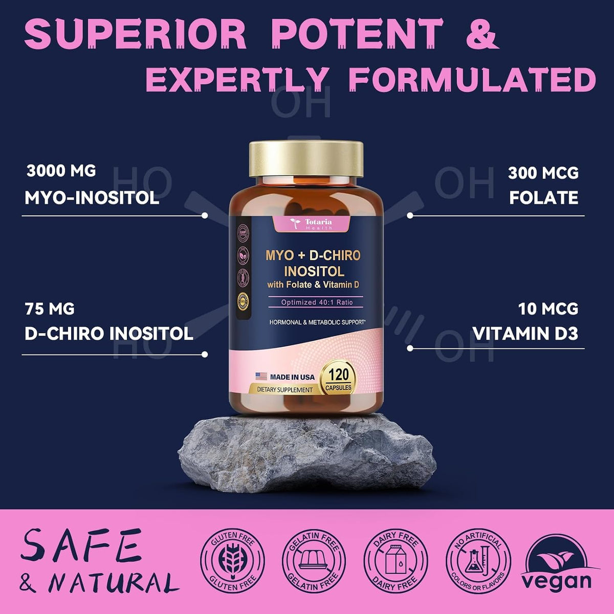 Totaria Inositol Food Supplement for Women with Vitamin D3 and Folate - 40:1 Ratio Myo-Inositol and D-Chiro Inositol Complex - Vitamin B8 Capsules (Pack of 2) - görsel 5