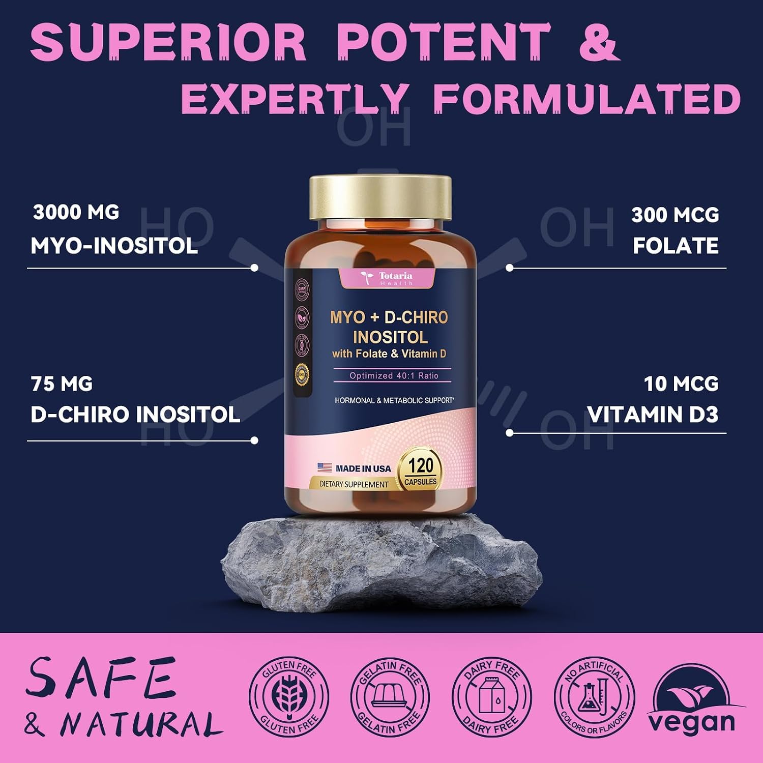 Totaria Inositol Food Supplement for Women with Vitamin D3 and Folate - 40:1 Ratio Myo-Inositol and D-Chiro Inositol Complex - Vitamin B8 Capsules (Pack of 2) - görsel 5