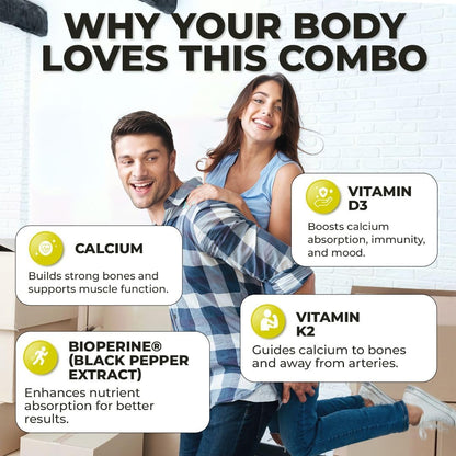 Calcium with Vitamin D3 & K2 – Vegan, Non-GMO Bone and Teeth Support Supplement – 60-Day Supply