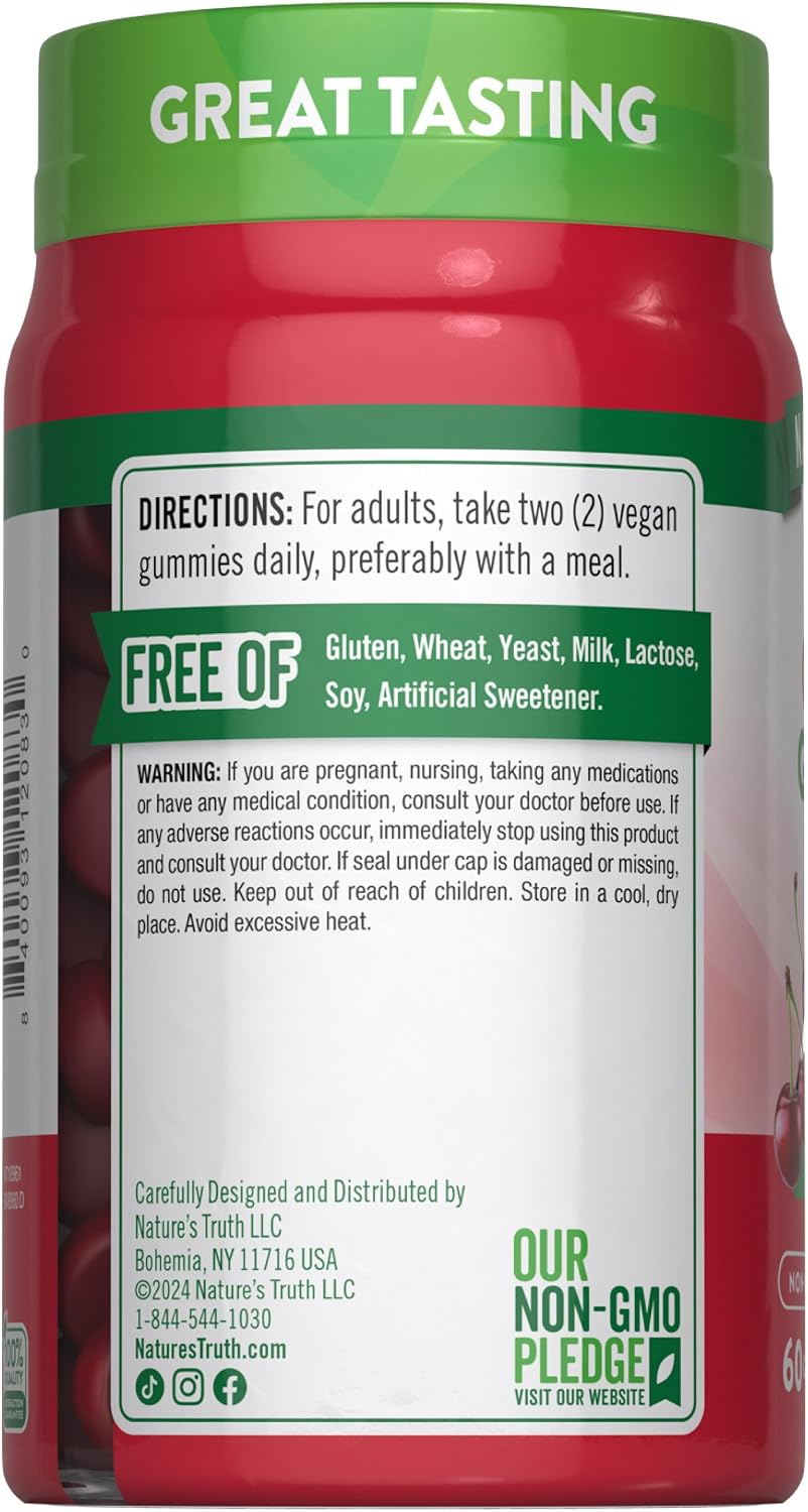 Nature's Truth Tart Cherry Gummies | 60 Gummies | Vegan, Non-GMO & Gluten-free Supplement | Cherry Flavour - görsel 7