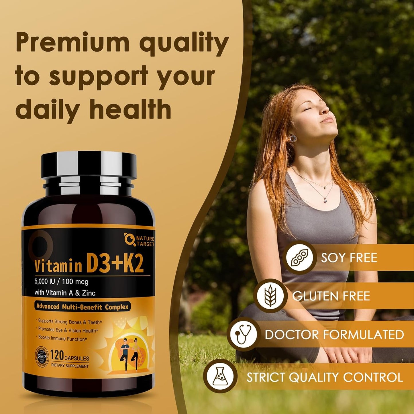 NATURE TARGET Vitamin D3 K2 5-in-1 Complex with Vitamin A – 5000 IU D3, 100 µg K2 MK-7, 120 Capsules - görsel 7