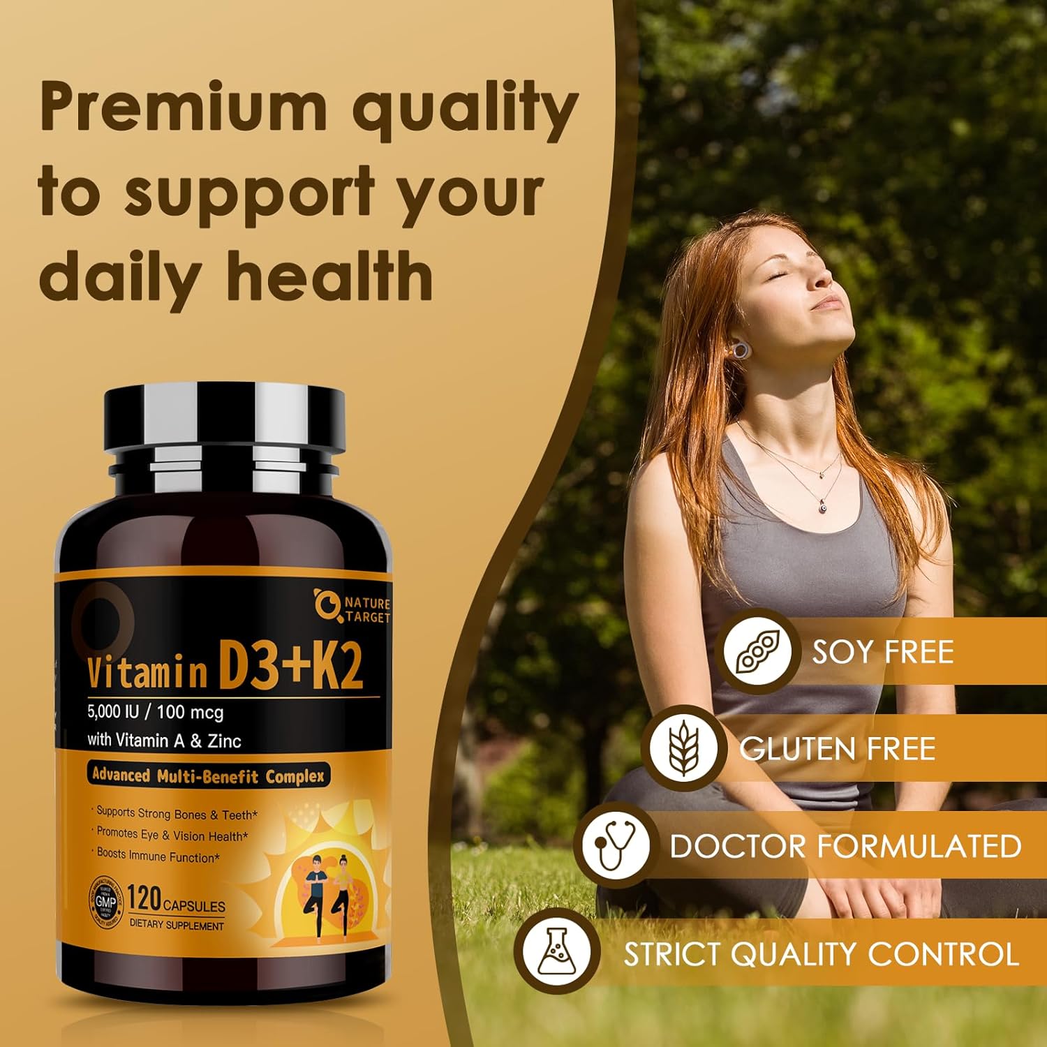 NATURE TARGET Vitamin D3 K2 5-in-1 Complex with Vitamin A – 5000 IU D3, 100 µg K2 MK-7, 120 Capsules - görsel 7