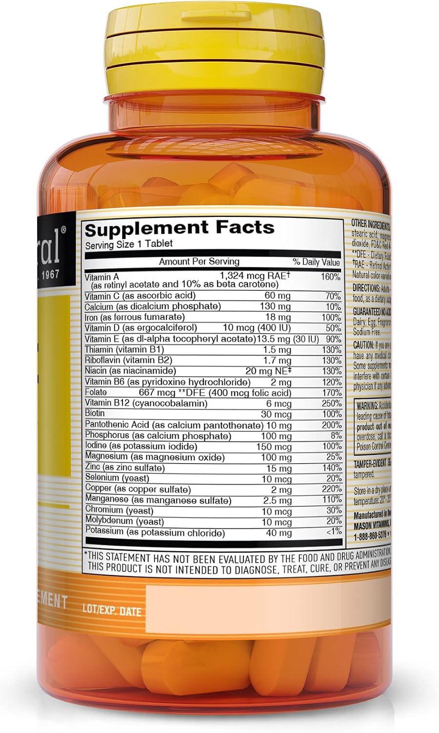 MASON NATURAL Daily Multiple Vitamins with Minerals - 24 Essential Vitamins and Minerals, All in One Multivitamin, Supports Overall Health, 60 Tablets (Pack of 3) - görsel 2