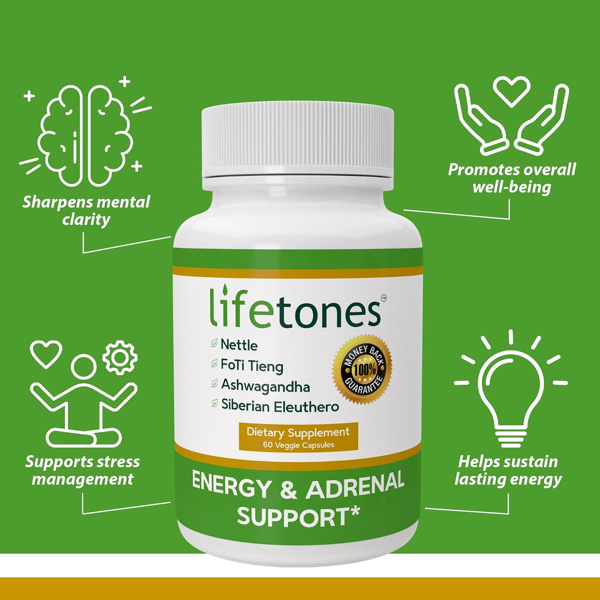 Life Tones Energy & Adrenal Support Capsules – Natural Energy Boost, Stress Relief and Adrenal Health Formula – 60 Vegan Capsules - görsel 4