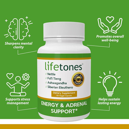 Life Tones Energy & Adrenal Support Capsules – Natural Energy Boost, Stress Relief and Adrenal Health Formula – 60 Vegan Capsules