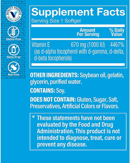 The Vitamin Shoppe Vitamin E 1,000 IU Softgels | Antioxidant Support for Skin Health and Immune Function | 120 Count