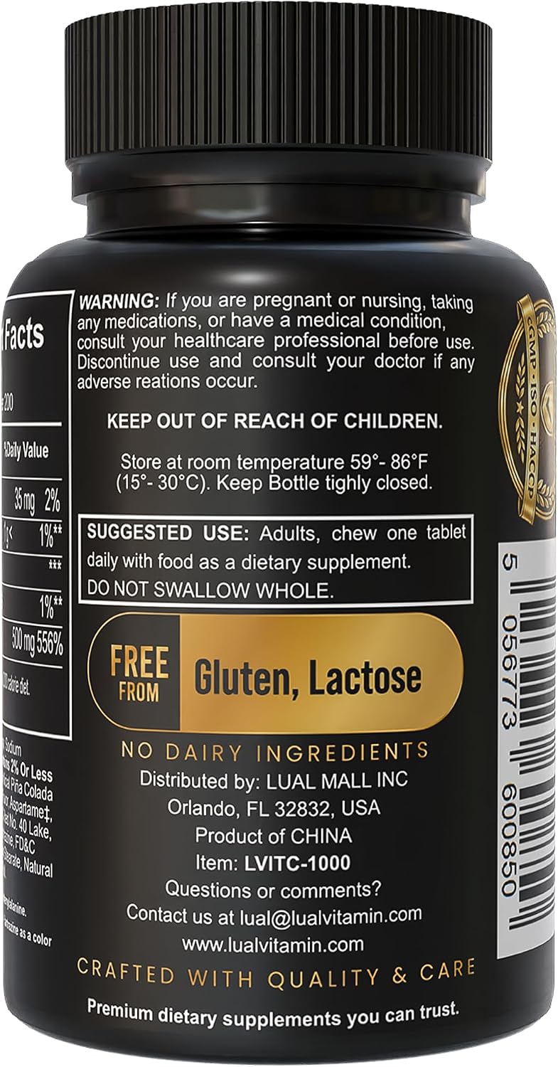 LUAL Vitamin C 500mg Chewable Tablets, Tropical Fruit Flavour, Immune Support & Antioxidant Supplement, Gluten-free, 200 Count - görsel 3