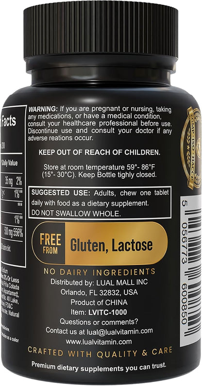 LUAL Vitamin C 500mg Chewable Tablets, Tropical Fruit Flavour, Immune Support & Antioxidant Supplement, Gluten-free, 200 Count