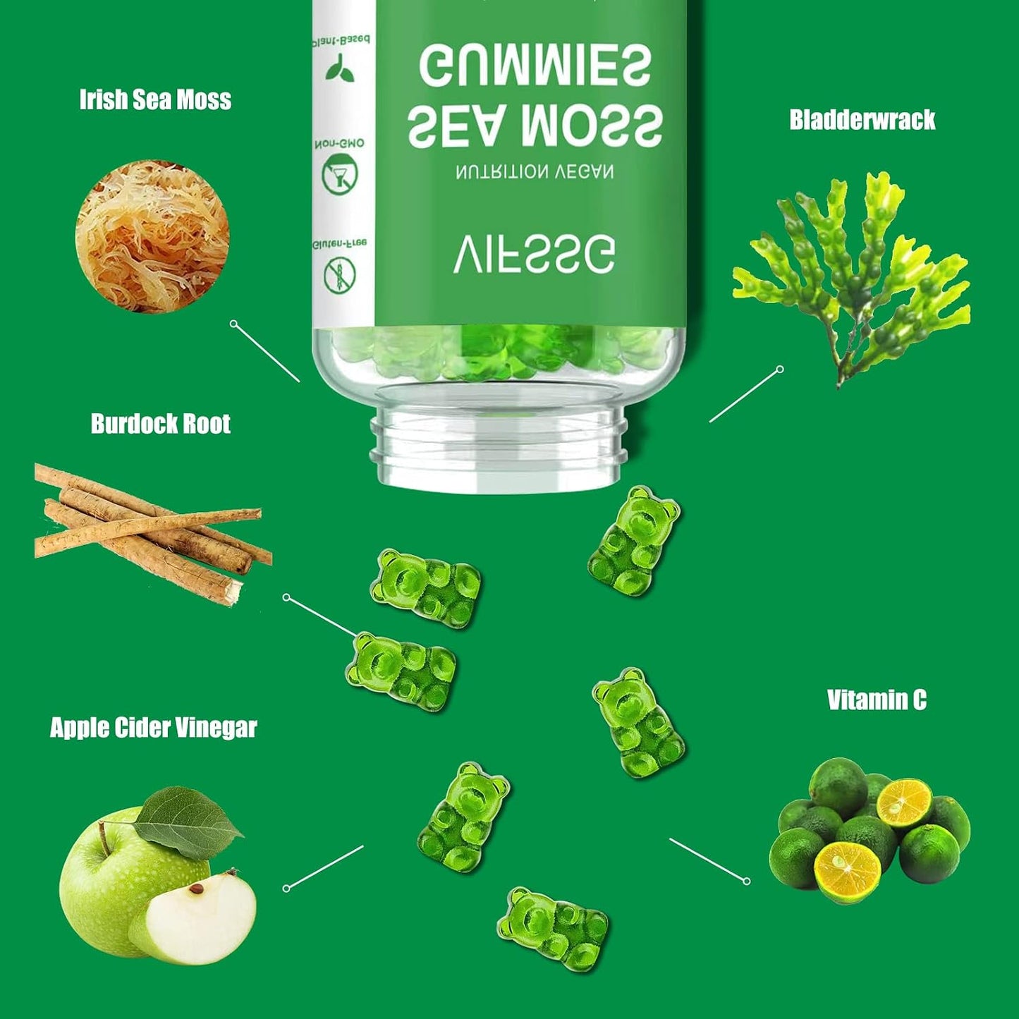 VIFSSG Sea Moss Gummies, 3000mg Irish Seamoss Gummy with Organic Bladderwrack, Burdock Root and Apple Cider Vinegar - 60 Gummies - görsel 2