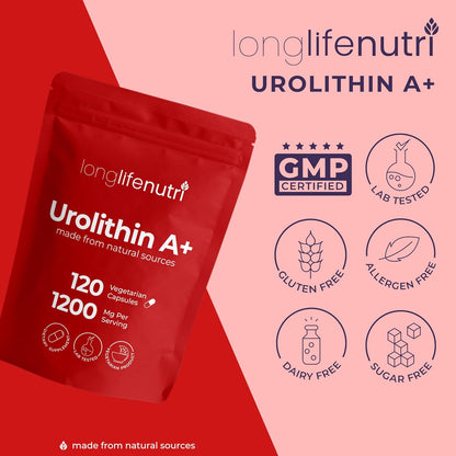 LongLifeNutri Urolithin A 1200mg – Postbiotic Food Supplement, 120 Vegan Capsules