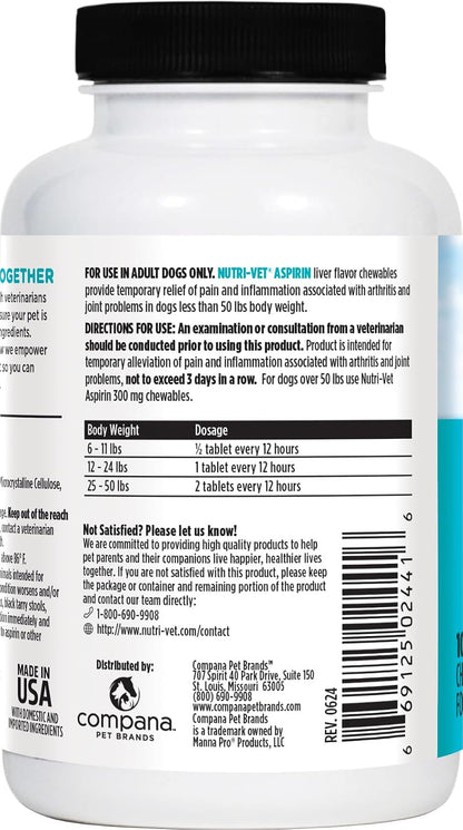Nutri-Vet Aspirin for Dogs 120 mg - Temporary Pain Relief for Small to Medium Dogs, 100 Tablets