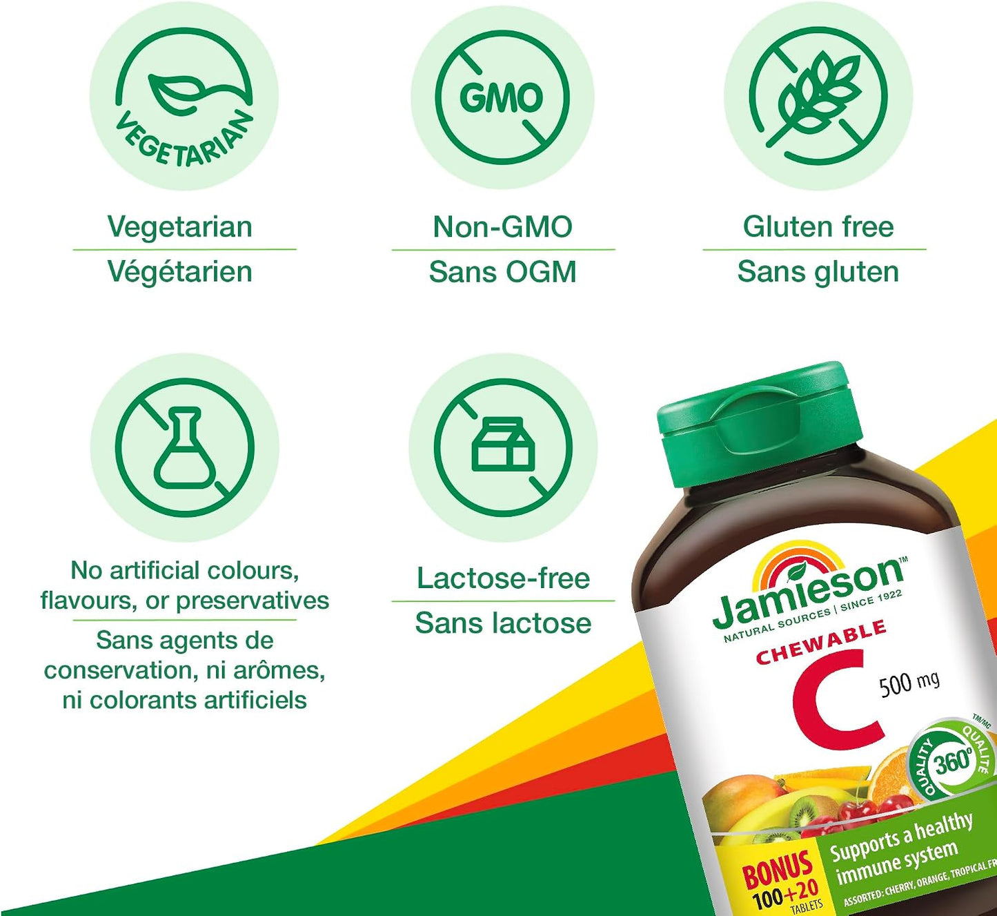 Jamieson Laboratories Vitamin C Chewable 500mg, Mixed Fruit Flavours, 120 Tablets - görsel 4
