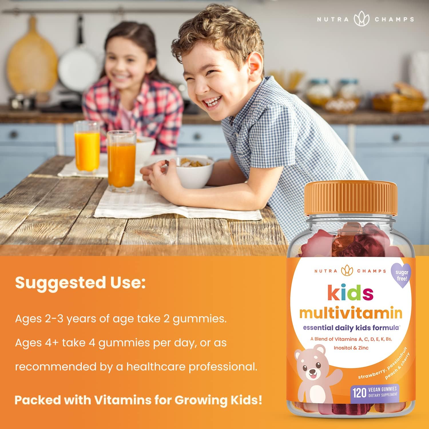 NutraChamps Children's Multivitamin Gummies – Sugar Free 120 Gummy Vitamins for Kids, Vegan & Non-GMO (Strawberry, Passionfruit, Peach & Cherry) - görsel 3