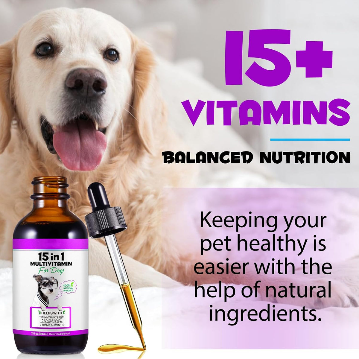 15-in-1 Dog Multivitamin Drops – Liquid Supplement with Glucosamine, MSM & Omega for Joint, Heart, Immune & Skin Health - görsel 2