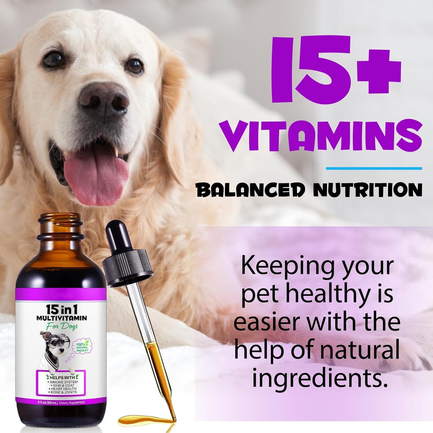 15 in 1 Dog Multivitamin Liquid Drops - Vitamins for Heart, Joints, Skin & Coat, Urinary Tract, Immune Support (60 ml) - görsel 5