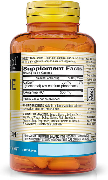 Mason Natural L-Arginine 500 mg with Calcium – 60 Capsules