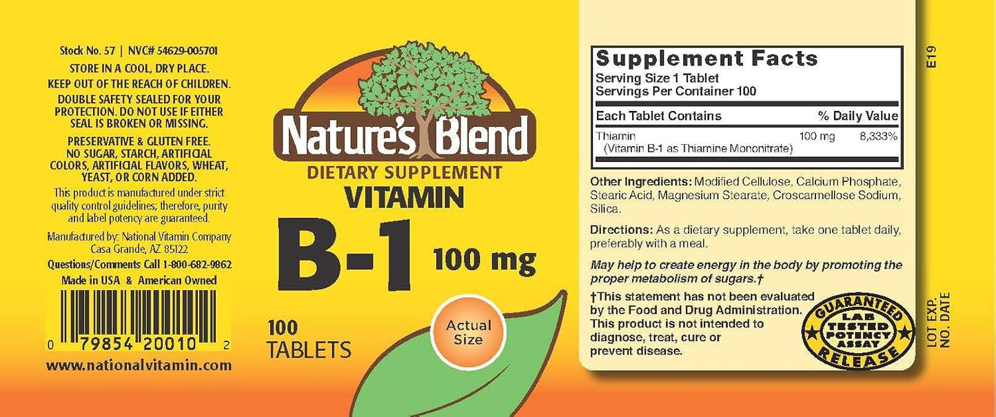 Nature's Blend Vitamin B-1 (Thiamine) 100 mg, 100 Tablets - görsel 2