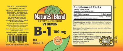 Nature's Blend Vitamin B-1 (Thiamine) 100 mg, 100 Tablets