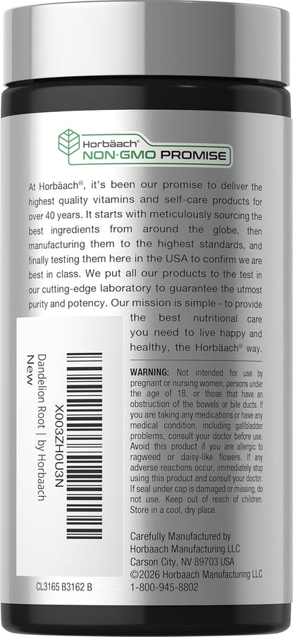 Horbäach Dandelion Root Supplement | 120 Capsules | Non-GM, Gluten-free