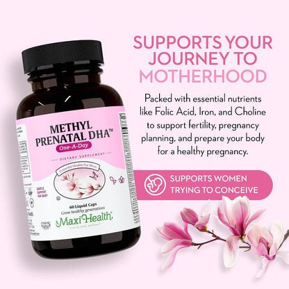 Maxi Health - Methyl Prenatal DHA Prenatal Vitamins for Women - Clinician Formulated, Kosher, Gluten-free Prenatal Multivitamin with 25 Nutrients Including DHA, Folic Acid & More, 60 Liquid Capsules