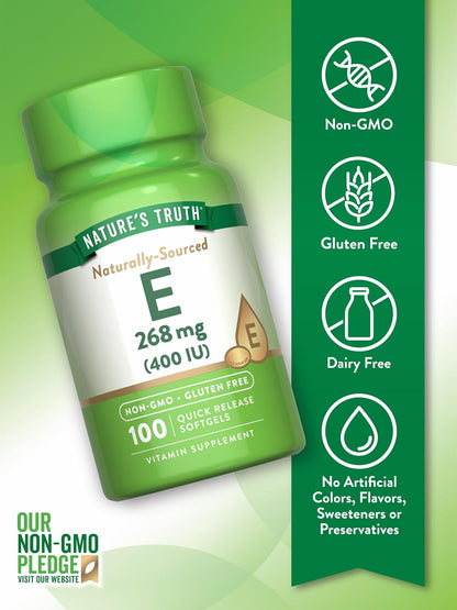Nature's Truth Vitamin E 400 IU Softgels (268mg, 100 Count) - Non-GMO & Gluten-free Food Supplement