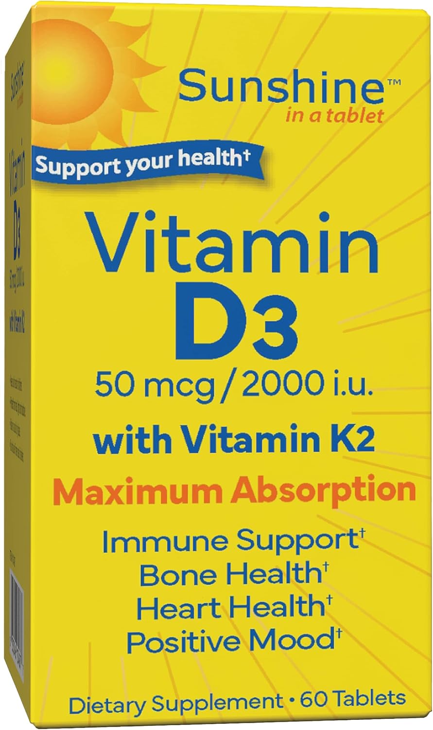 Sunshine Vitamin D3 with K2, 2000 IU D3 + 100 mcg K2, 60 Tablets - görsel 1