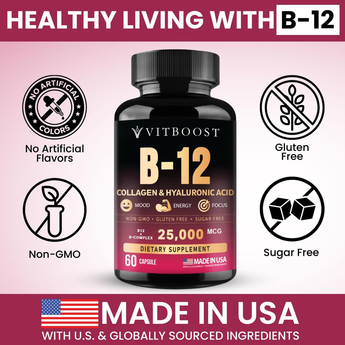 VITBOOST B12 Complex with Hyaluronic Acid, Collagen and Folate – 25000 µg B12 Complex, 5000 µg Methylcobalamin – 60 Capsules - görsel 3
