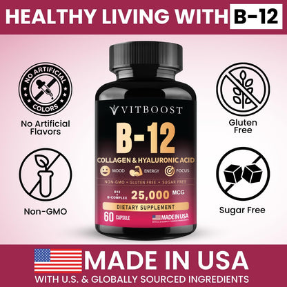 VITBOOST B12 Complex with Hyaluronic Acid, Collagen and Folate – 25000 µg B12 Complex, 5000 µg Methylcobalamin – 60 Capsules