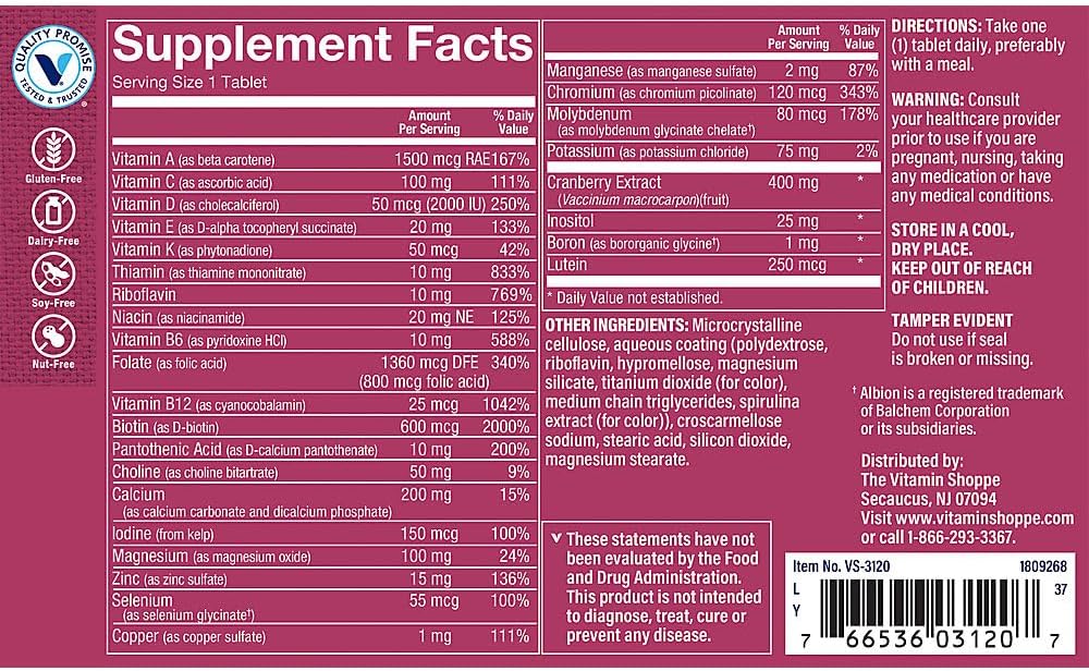 The Vitamin Shoppe Once Daily Women's Multivitamin – No Iron, 2000 IU Vitamin D3, 180 Tablets - görsel 3