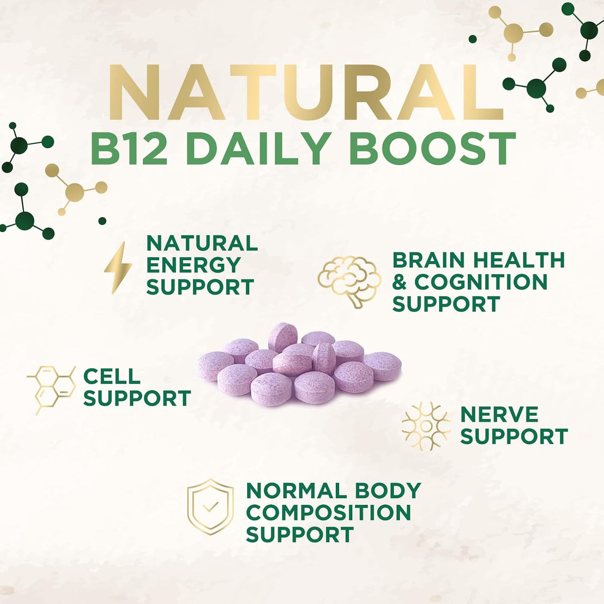 Vitamin B12 1000 mcg Methylcobalamin Chewable Tablets – Energy, Nervous System & Brain Support – Vegan, Non-GMO, Gluten-free – 60 Count - görsel 5