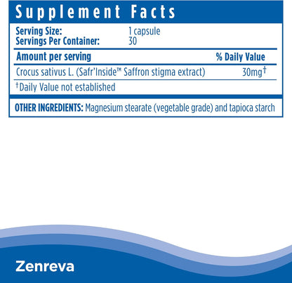 CalmCo Zenreva - Pure Saffron Extract - Non-GMO Vegan Capsules - 30 Count