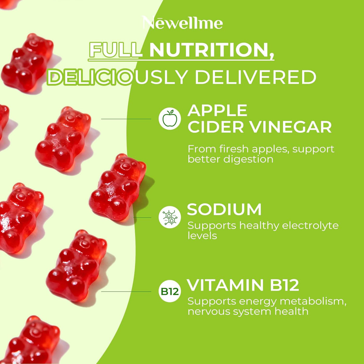 NEWELLME ACV Gummies with The Mother & B12 – Sugar Free, Great Tasting Vegan Gummies for Digestion, Metabolism & Daily Energy Support, 90 Count - görsel 6