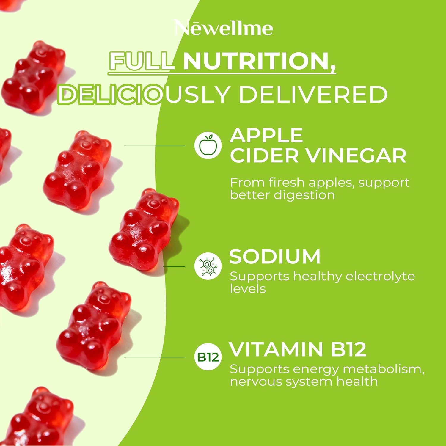 NEWELLME ACV Gummies with the Mother & B12 – Sugar-Free, Great-Tasting Vegan Gummies for Digestion, Metabolism & Daily Energy Support, 60 Count - görsel 6