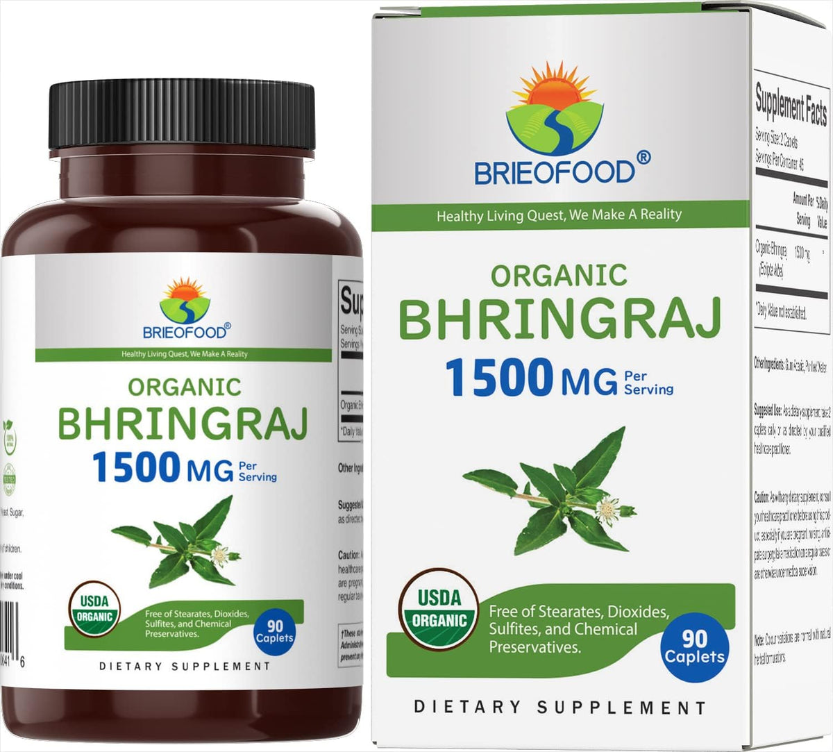 Brieofood Organic Bhringraj 1500mg, 45 Servings, 90 Vegetarian Tablets - görsel 1