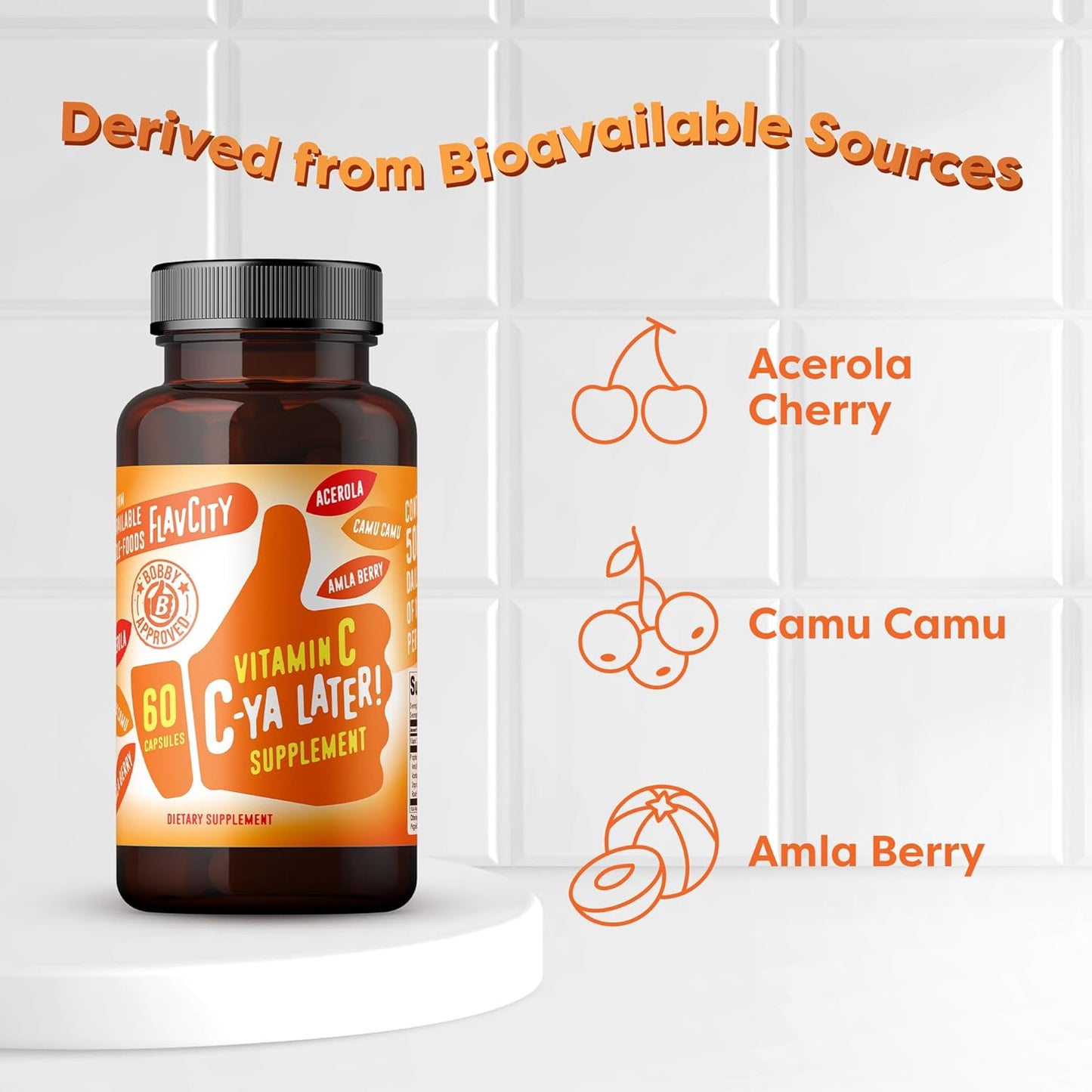FlavCity Vitamin C Supplement, C-Ya Later! Superfood-Derived Immunity Support - Vitamin C from Acerola Cherry, Rose Hips & Camu Camu - 500% NRV (60 Capsules) - görsel 3