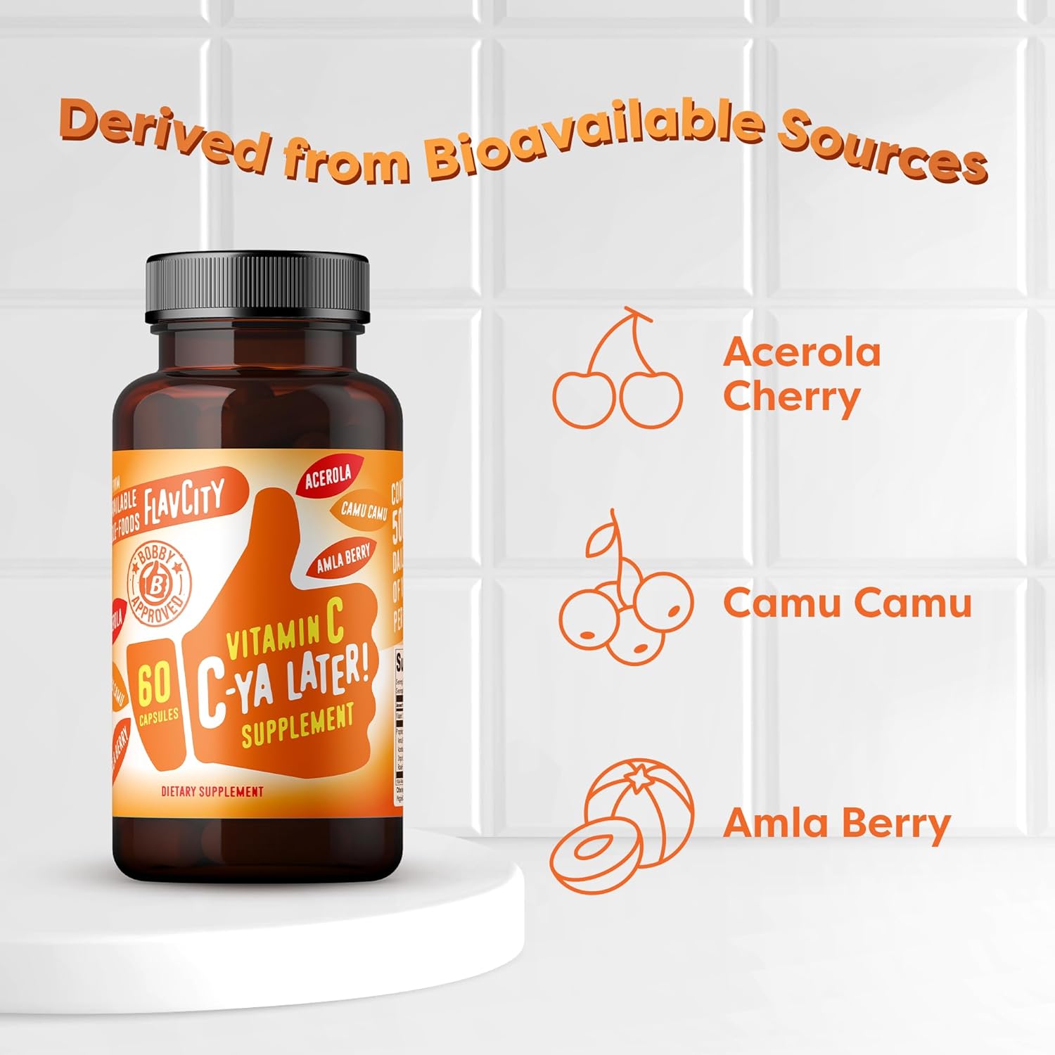 FlavCity Vitamin C Supplement, C-Ya Later! Superfood-Derived Immunity Support - Vitamin C from Acerola Cherry, Rose Hips & Camu Camu - 500% NRV (60 Capsules) - görsel 3