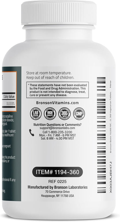 Bronson Biotin 10,000mcg, 360 Tablets - Contributes to Normal Hair, Skin & Nails