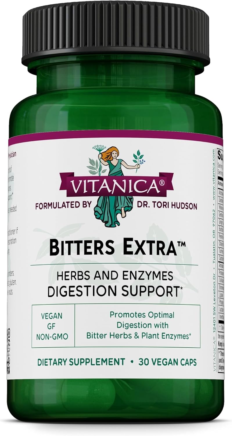 Vitanica Bitters Extra - Digestion Support Supplement with Dandelion Root, Ginger, Turmeric & Plant Enzymes - Vegan - 30 Capsules - görsel 1
