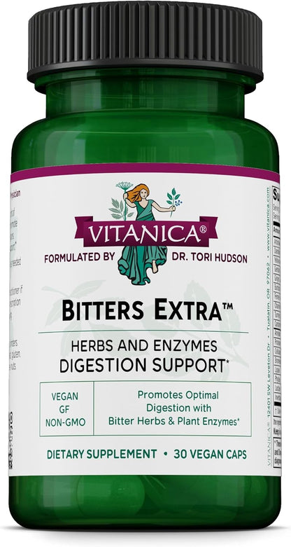 Vitanica Bitters Extra - Digestion Support Supplement with Dandelion Root, Ginger, Turmeric & Plant Enzymes - Vegan - 30 Capsules