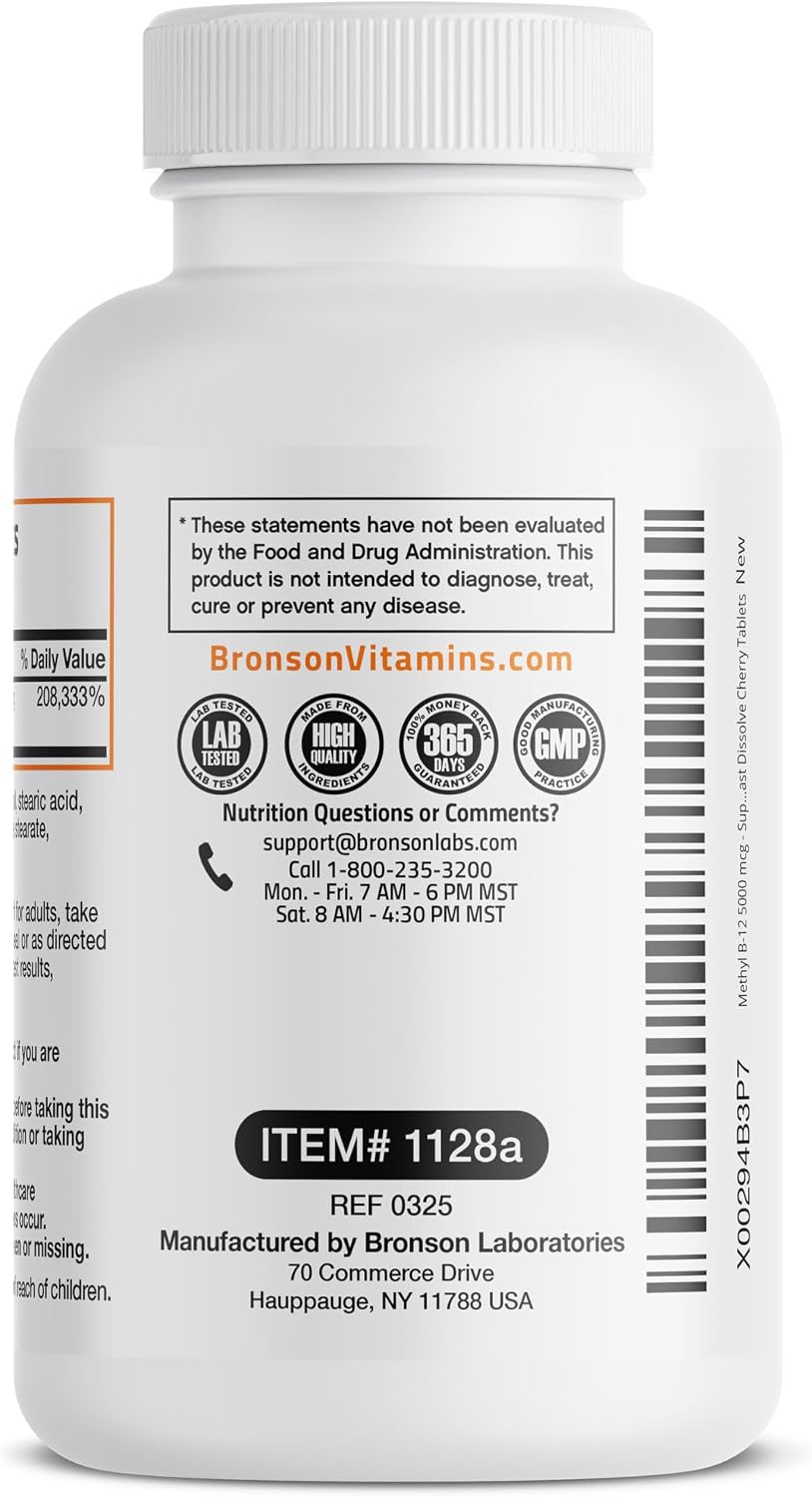 Bronson Methyl B12 5000 mcg Vitamin B12 Methylcobalamin Energy & Brain Support 60 Lozenges - görsel 5