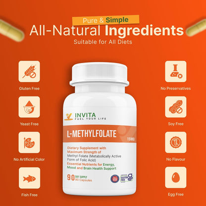 INVITA L-Methylfolate 15mg – Physician Formulated Active Methyl Folate - 5-MTHF Supplement for Energy, Mood & Brain Health Support - Non GMO, Gluten-free, 90 Capsules (3 Month Supply)