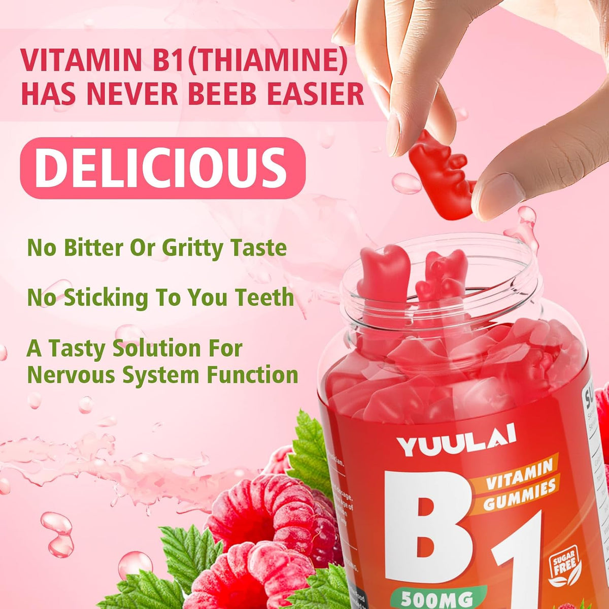 Pack of 2 Vitamin B1 Gummies 500mg for Adults and Kids, Thiamine B1 Supplement with Magnesium, Vitamin B1 Supplement for Nervous System Support and Energy Boost, Raspberry Flavour, 120 Gummies - görsel 5