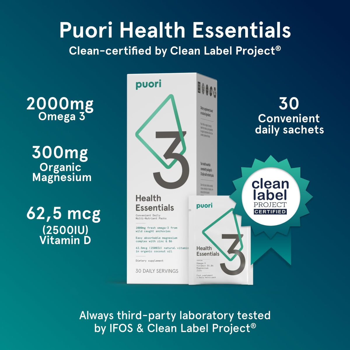 Puori P3 Health Essentials with Magnesium Zinc Complex, Omega 3 Fish Oil & Vitamin D3 Supplements - 30 Sachets - görsel 2